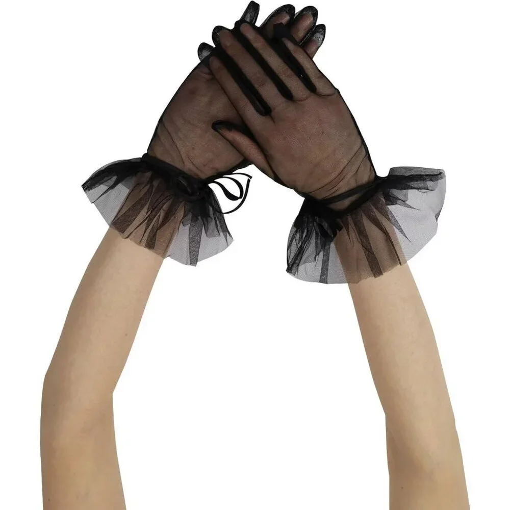 Women's Evening Black Ruffles Mesh Tulle Short Gloves Wedding Party Accessory